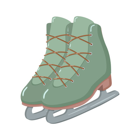 Stylized vector illustration of green ice skates with brown laces and silver blades, positioned side by side with slight overlap. Ideal for winter sports, cozy seasonal themes, or festive compositionsのイラスト素材