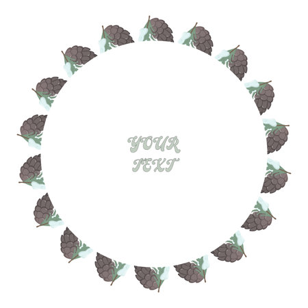 Circular frame of pinecones and leaves arranged symmetrically around a central editable text area. Minimal nature-themed design ideal for seasonal cards, invitations, or rustic brandingの写真素材
