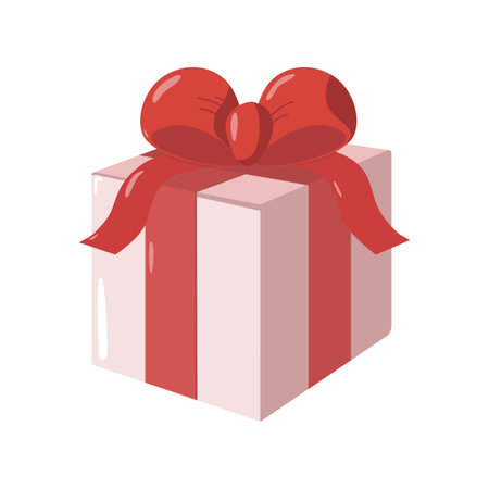 Illustration of a pink gift box with vertical red stripes and a shiny red ribbon bow on top. Festive and elegant design ideal for holiday cards, celebration graphics, or packagingの写真素材
