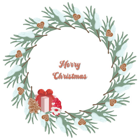 Christmas wreath made of snowy pine branches, heart-shaped gingerbread cookies, a pink gift box, Santa figure, and tree cookies. Merry Christmas text in center. Festive and cheerful designの写真素材