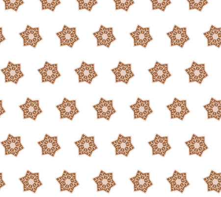 Seamless pattern of star-shaped cookies with white icing on a white background. Festive and symmetrical design ideal for holiday packaging, textiles, or seasonal decorationの写真素材