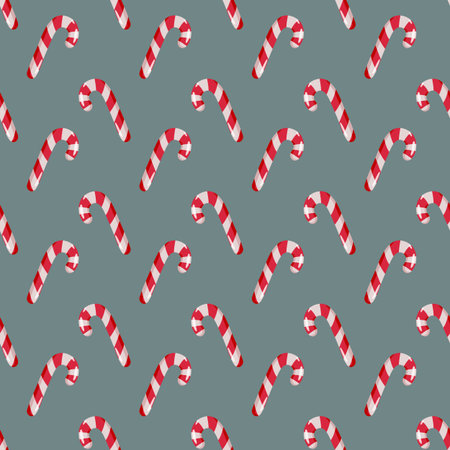 Seamless pattern with red and white candy canes on a gray background. Festive Christmas texture for wrapping paper, holiday decorations, textile prints, and seasonal design projectsの写真素材
