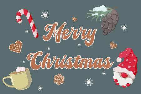 Christmas illustration with Merry Christmas lettering, candy cane, Santa hat, cup of cocoa, gingerbread cookies, pine cone, and snowflakes. Festive holiday greeting card designの写真素材
