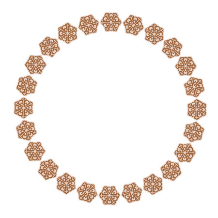 Round gingerbread cookie frame made of snowflake-shaped biscuits on a white background. Festive Christmas illustration perfect for cards, invitations, and winter holiday designsの写真素材