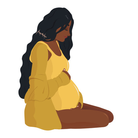 Beautiful pregnant woman with long hair gently holding her belly. Tender motherhood concept for blogs, posters, baby shower cards, and family designsの写真素材