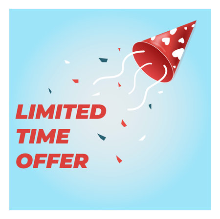 Red party popper with confetti and text Limited Time Offer on blue background. Illustration for sale promotion, discount banner, marketing, and advertising designの写真素材