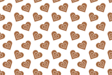 Seamless festive pattern of heart-shaped gingerbread cookies with white icing outlines and central heart details. Warm and cozy design for seasonal wrapping, decor, or baking themesの写真素材