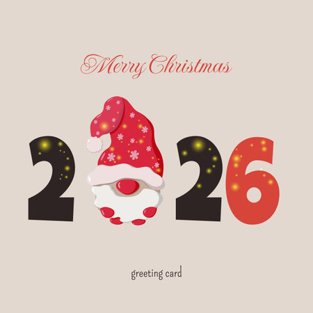 Merry Christmas greeting card with 2026 below, where the 0 is replaced by a festive gnome in red hat and mittens. Digits decorated with glowing lights. Playful and cozy design for seasonal useのイラスト素材