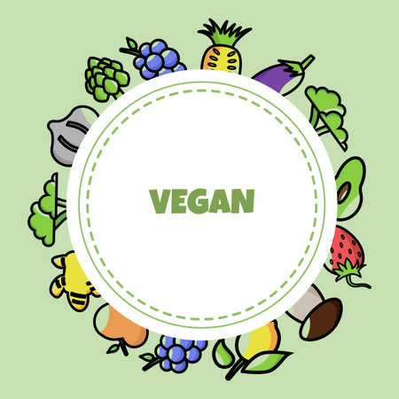 Circular vegan-themed design with bold green VEGAN text in the center. Surrounded by colorful fruits and vegetables grapes, pineapple, eggplant, broccoli, avocado, strawberry, mushroom, lemonのイラスト素材