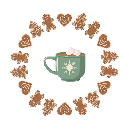 Holiday design with green mug of hot chocolate and marshmallows, surrounded by gingerbread cookie wreath. Cozy and festive layout for Christmas cards, seasonal decor, and winter-themed packagingのイラスト素材