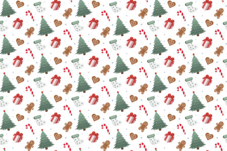 Seamless Christmas pattern with decorated trees, candy canes, gingerbread cookies, stockings, and...