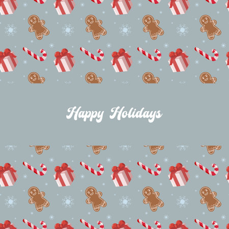 Holiday design with Happy Holidays text on light blue background. Surrounded by festive pattern of...