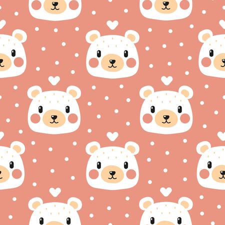 Adorable polar bear pattern on pink background. Great for wallpaper, web background, wrapping paper, fabric, packaging, greeting cards, invitations and more.のイラスト素材