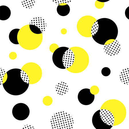 Abstract black, yellow, spotted circle background. Vector modern seamless pattern. Great for wallpaper, web background, wrapping paper, fabric, packaging, greeting cards, invitations and more.のイラスト素材
