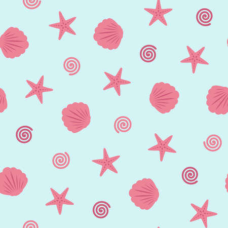 Swirl, starfish and seashell seamless pattern on blue background. Summer seamless pattern. Great for...
