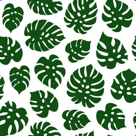 Tropical leaf green silhouette pattern on white background. Plant leaf seamless pattern. Great for wallpaper, web background, wrapping paper, fabric, packaging, greeting cards and more.のイラスト素材