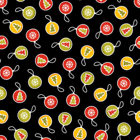 Christmas tree decoration repeating pattern on black background. Bauble seamless pattern. Great for wallpaper, web background, wrapping paper, fabric, packaging, greeting cards and more.のイラスト素材