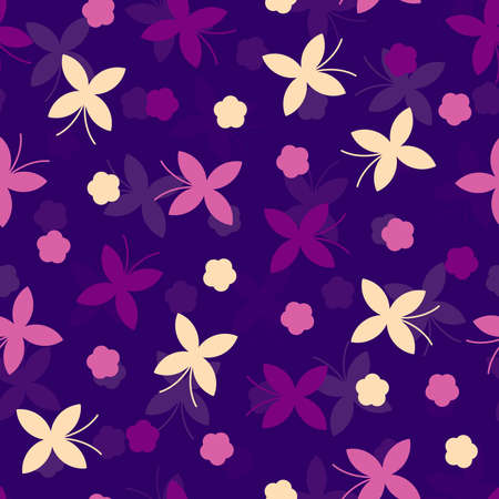 Butterfly and flower pattern on purple background. Great for wallpaper, web background, wrapping paper, fabric, packaging, greeting cards, invitations and more.のイラスト素材