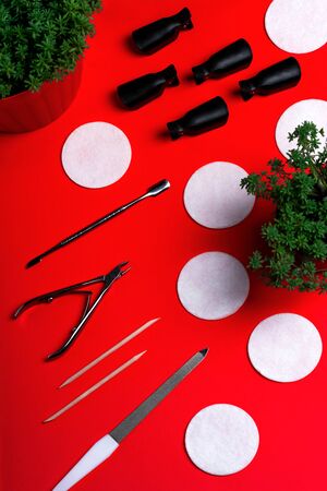 Equipment for manicure and pedicure on redの写真素材