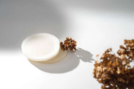 Minimalistic white background with geometric shapes and dried flowers. Copy space. Podium for...