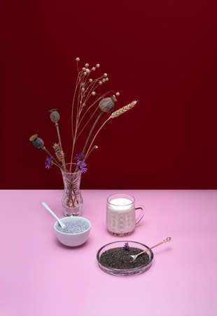Still life Healthy breakfast of chia pudding and vegetable milk. Still life with chia seeds -...