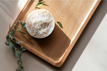 Wooden tray with handmade soap from natural ingredients.の写真素材