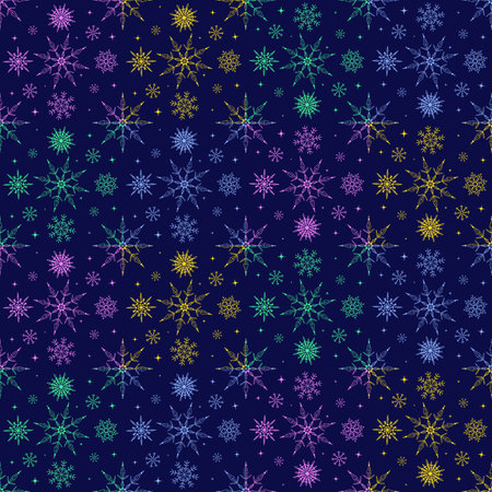 Snowflakes of different colors on a blue background - seamless patternの写真素材