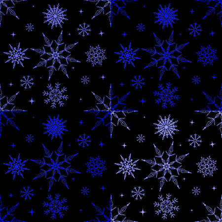 Seamless raster pattern with blue snowflakes on a black background