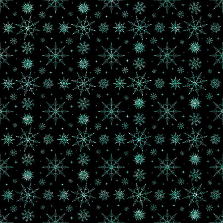 Seamless raster pattern green snowflakes on black backgroundの写真素材