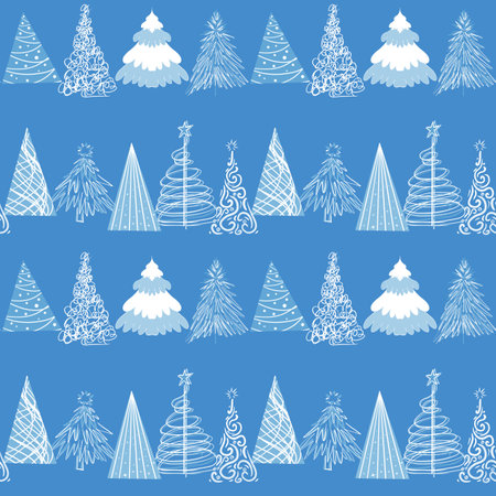Rows of Christmas trees in different styles on a blue backgroundの写真素材