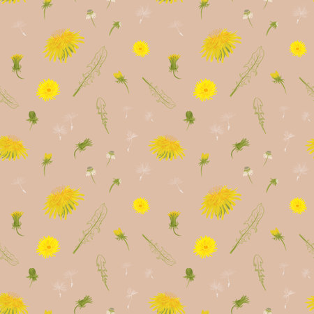 A Cheerful Dandelion Pattern Set Against a Soft Blue Background, Perfect for Designの写真素材
