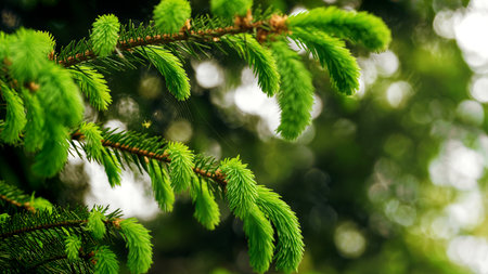 Fresh green spruce branch with new needles