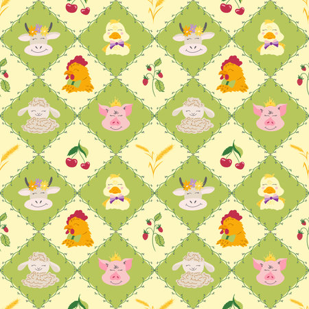 Cute seamless farm animal pattern with fruits and flowersの写真素材