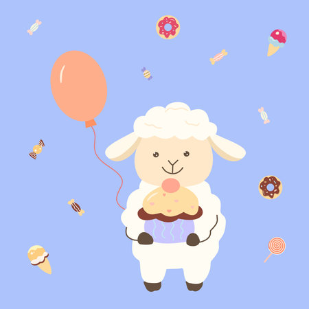 Adorable festive vector clipart with a lamb holding a cupcake, balloon and sweets. Perfect for kids design, holiday cards, party decor and print.のイラスト素材