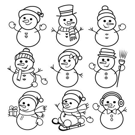 Vector linear clipart set of cute snowmen in various poses and accessories. Perfect for Christmas cards, coloring pages, decor, and holiday projects.のイラスト素材