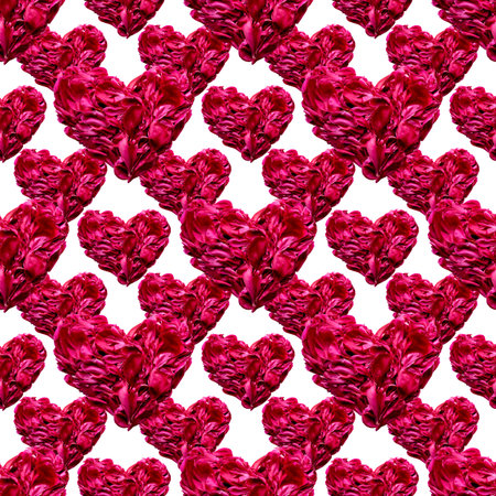 Structured seamless pattern with large and small peony petal hearts on white