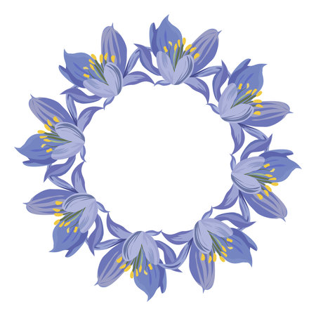 Vector illustration of a blue spring flower wreath arranged in a round composition on white background. Elegant design for wedding invitation, card and branding.のイラスト素材