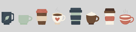 Modern flat vector set of various coffee mugs and takeaway cups. Great for cafe website banners, social media headers, and restaurant menu design.のイラスト素材