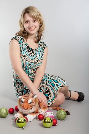 Prenew Year's photosession of the beautiful girl with various attributesの写真素材
