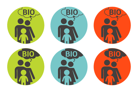 Bio family colorful vector sticker. Organic colors set in green, blue, orange colors. Badge for eco products. Natural product lover badge. Round shape sticker for web and print branding identityのイラスト素材