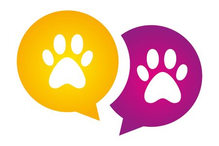 Two Dog paws on violet and yellow circles. Colorful Animal Paw Print. pet's paw print silhouette vector logo for web and print. Message signs with animals foot marks.のイラスト素材