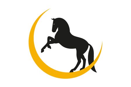 Black horse silhouette on the orange moon. Horse vector . Horse standing on the moon.のイラスト素材