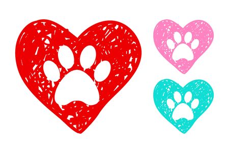 Set of three hearts in red, blue and pink colors. hand drawn hearts with animal paw prints inside.のイラスト素材