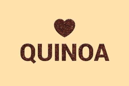 Red Quinoa super food grains texture text with heart on pastel color background. Red Peruvian Incan super foods. Typography of Whole grain raw organic quinoa seeds. Vegan detox food.の写真素材