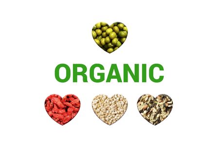 Green Organic text on white background and four heart shapes. Hearts with green gram mung beans, white quinoa grains, dried goji berries and blended wild rice. Vegan and vegetarian food. Superfoods.の写真素材