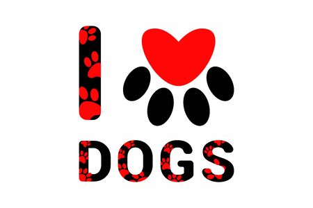 Isolated I love dogs black text with red dog or cat paw prints. Typography with animal foot print. Red heart inside domestic animal paw print. Colorful text on white backgroundのイラスト素材
