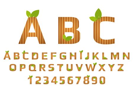 Striped font typography with wooden texture and green organic leaves. Eco Alphabet with dark and light brown stripes. Isolated natural wood calligraphy and numbers ready for web and print.のイラスト素材