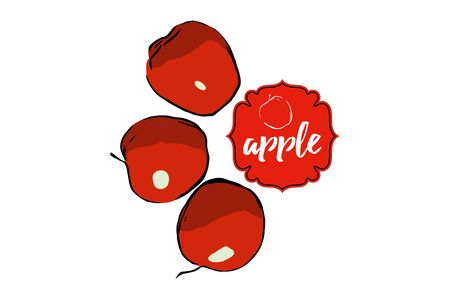 Three cartoon drawn red apples isolated on white with sticker. Red Label badge with hand drawn typography text apple and apple sketch silhouette.のイラスト素材