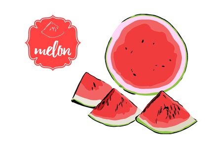 Three cartoon hand drawn melon pieces and half of watermelon isolated on white background. Melon retro store label badge. Business fruit red vintage sticker. Summer berry illustration for web, print.のイラスト素材