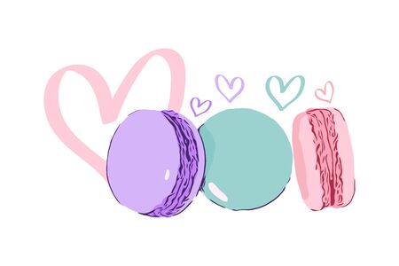 Colorful french dessert macaroons. Violet, blue and pink macarons on white background with hearts. Love macaroni illustration.のイラスト素材